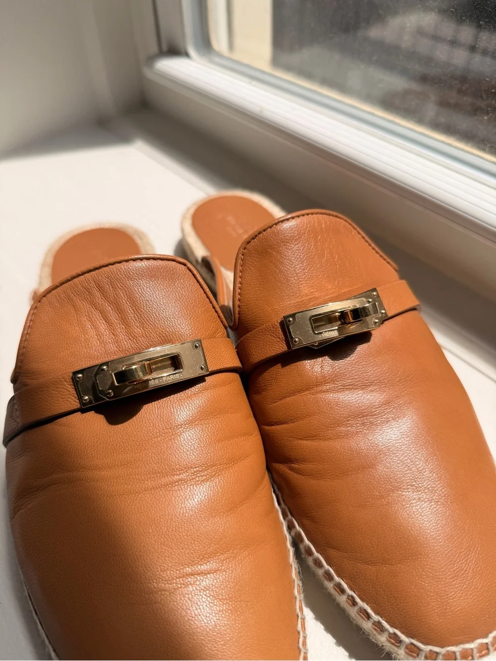 Hermes Tan Leather Espadrille Mules with Gold Hardware